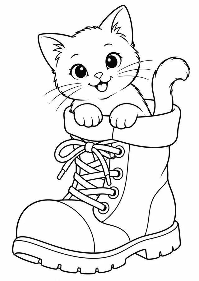 Gatinho dentro de uma bota para colorir