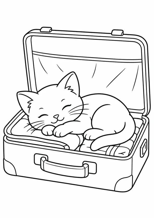 Gatinho dormindo numa mala aberta para colorir