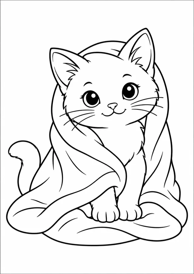 Gatinho enrolado numa manta para colorir