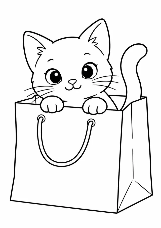 Gatinho espiando por uma sacola de papel para colorir