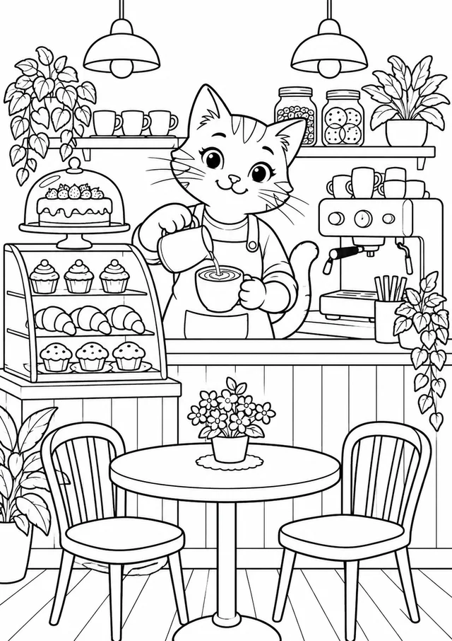 Gatinho na cafeteria para colorir