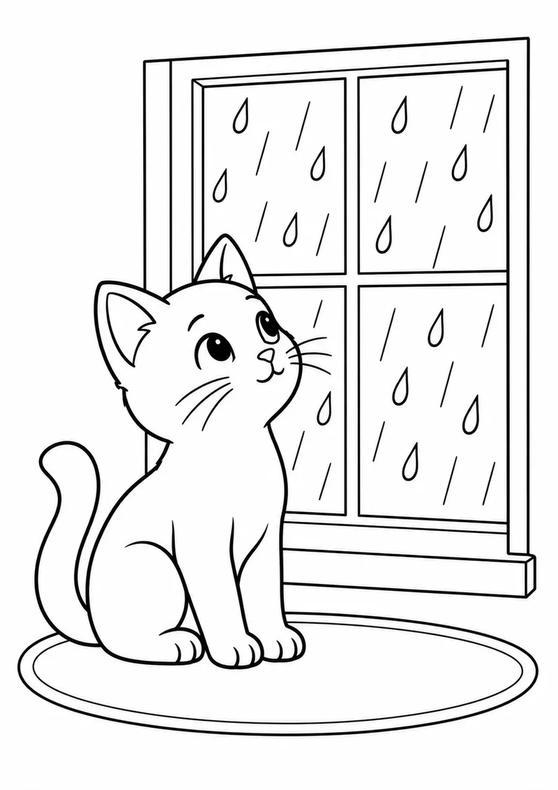 Gatinho observando a chuva para colorir