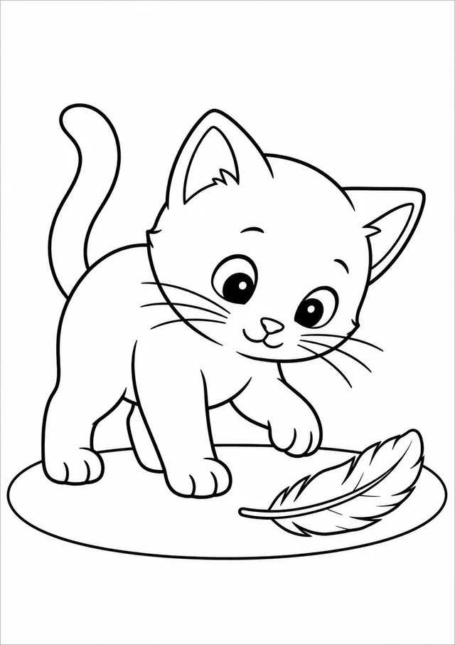 Gatinho olhando uma pena para colorir