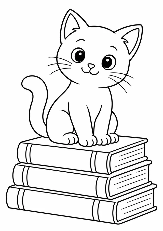 Gatinho sentado sobre livros para colorir