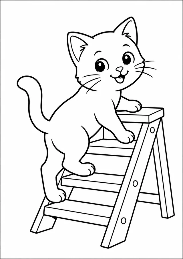 Gatinho subindo uma escadinha para colorir