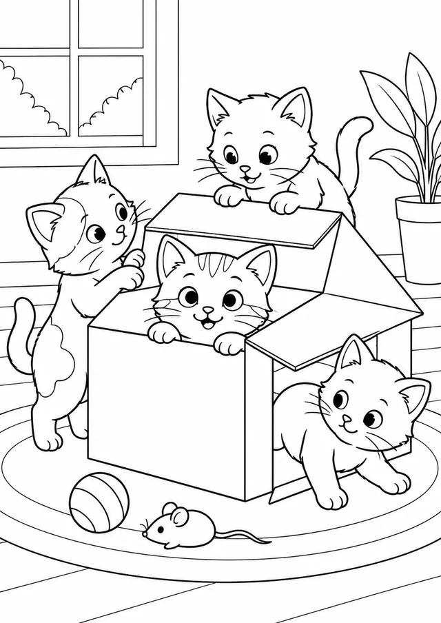 Gatinhos explorando uma caixa de papelão para colorir