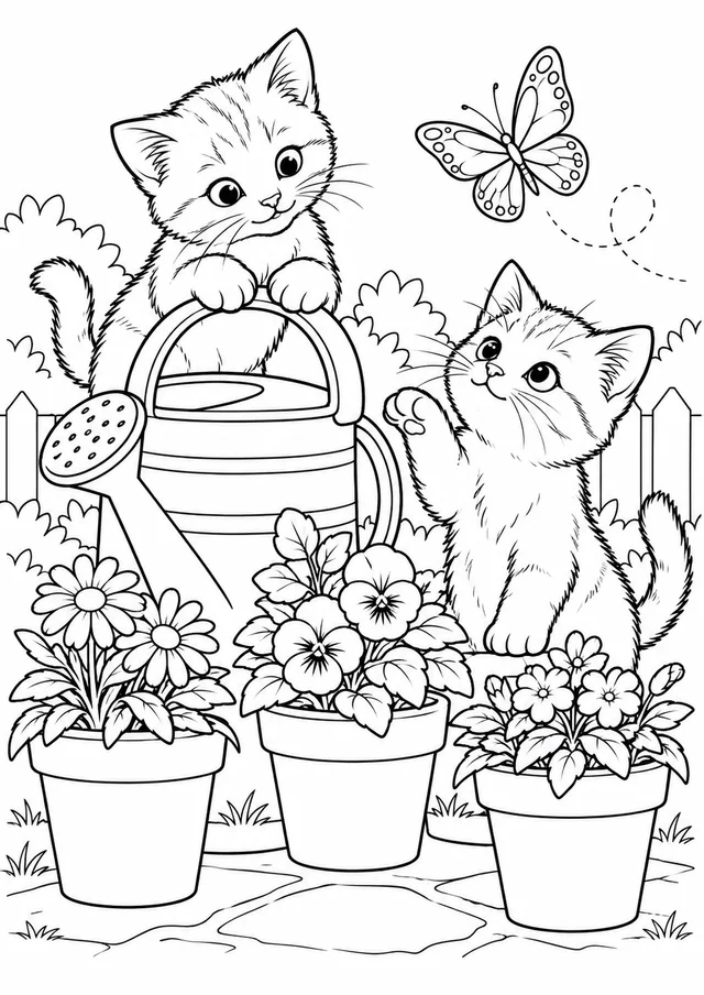 Gatinhos no jardim para colorir
