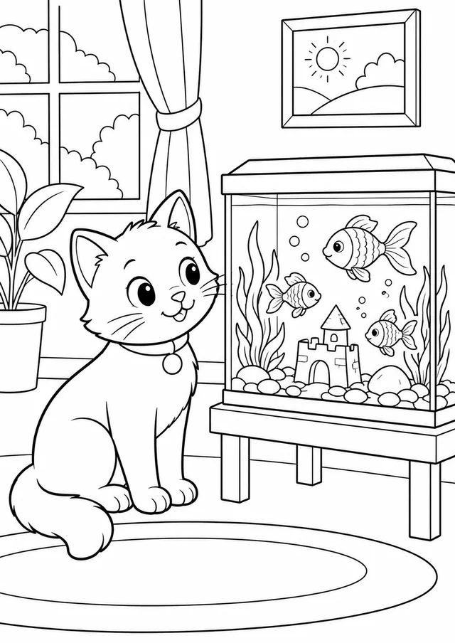 Gato ao lado de um aquário para colorir