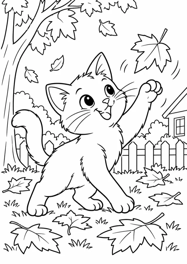 Gato brincando com folhas de outono para colorir