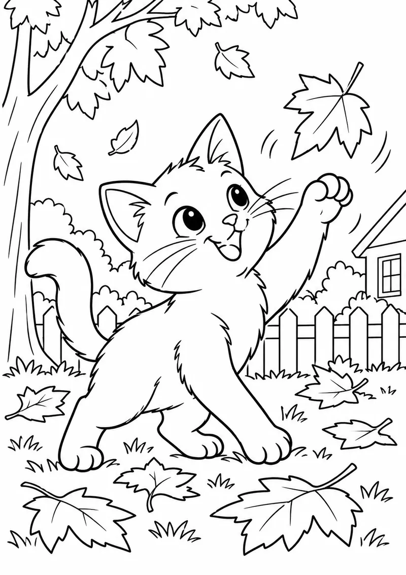 Gato brincando com folhas de outono para colorir