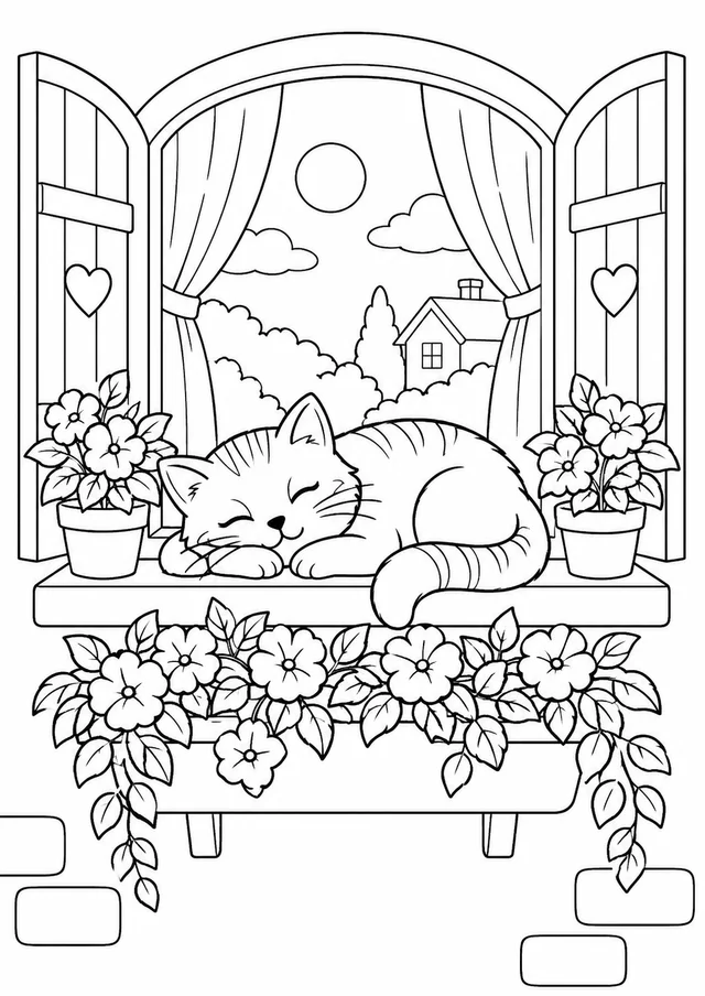 Gato dormindo na janela florida para colorir