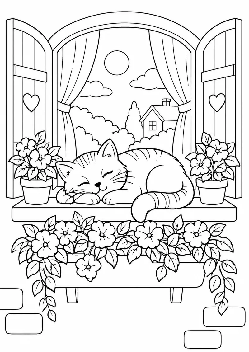 Gato dormindo na janela florida para colorir