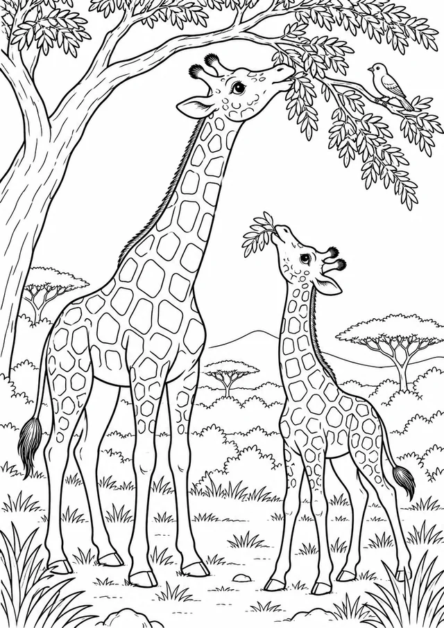 Girafas entre acácias para colorir