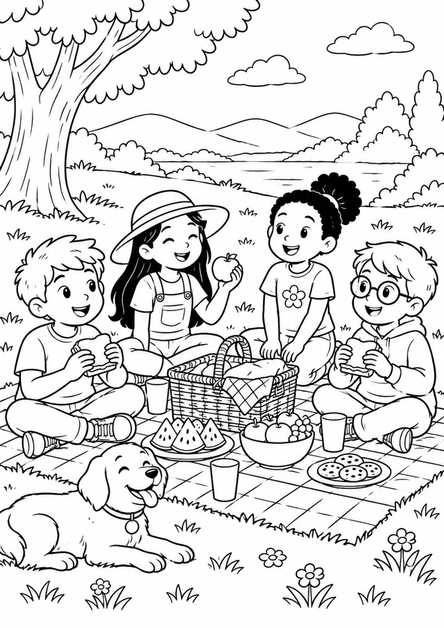 Grupo diverso fazendo um piquenique tranquilo para colorir
