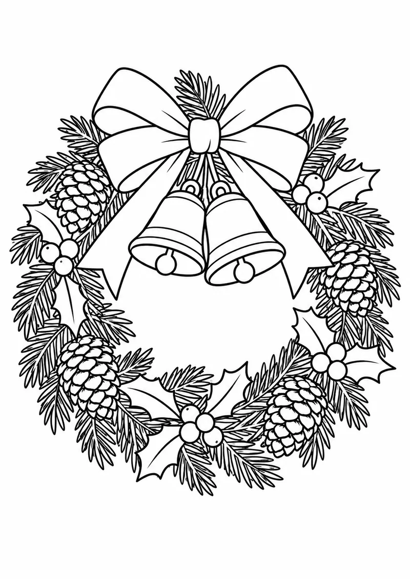 Guirlanda de Natal com pinhas e sinos para colorir