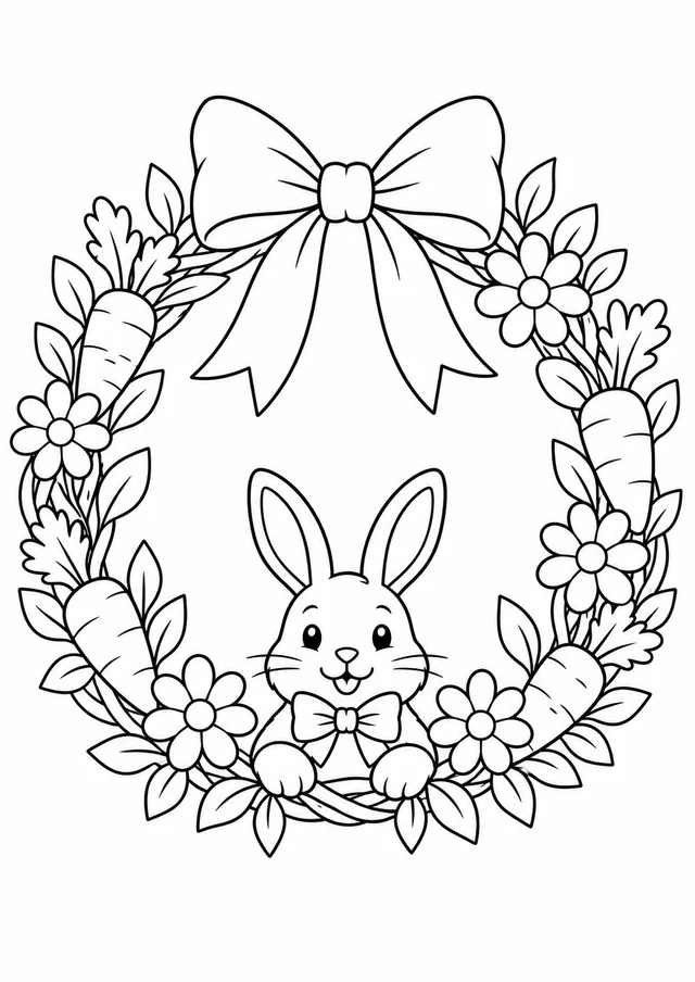 Guirlanda de Páscoa com flores e cenouras para colorir