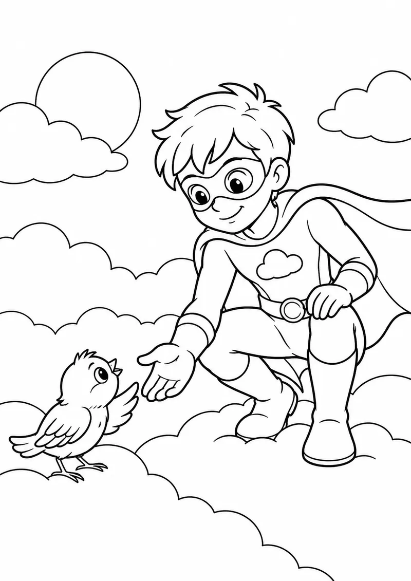 Herói original das nuvens ajudando um passarinho para colorir