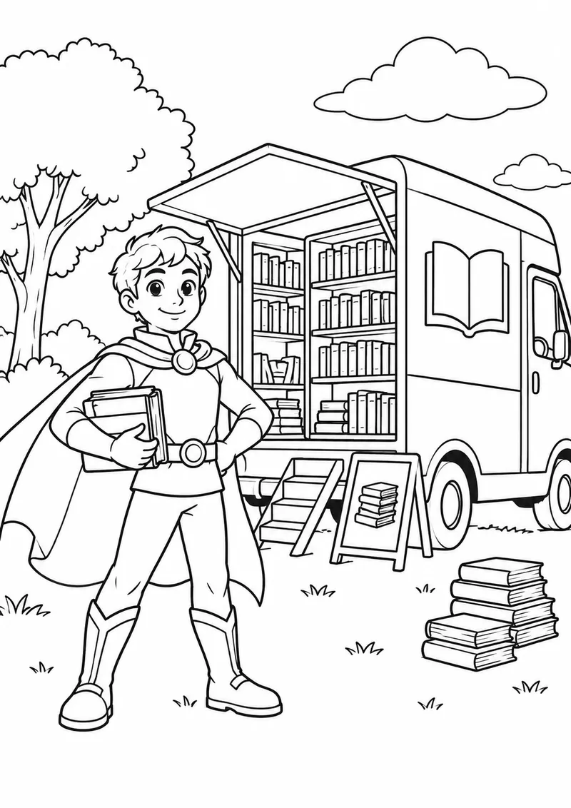 Herói original dos livros com biblioteca móvel para colorir