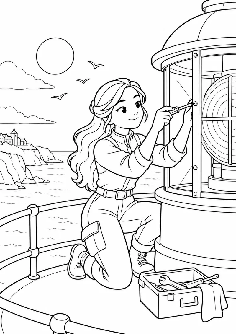 Heroína original da luz consertando um farol para colorir
