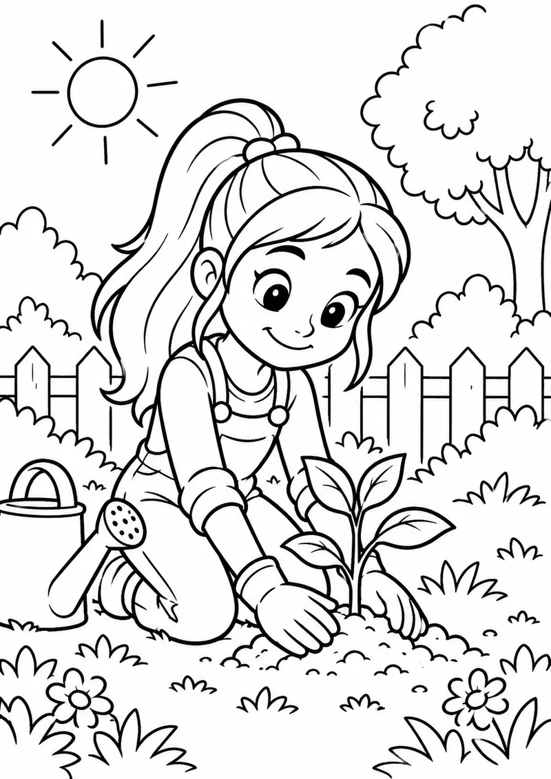 Heroína original do jardim salvando uma muda para colorir