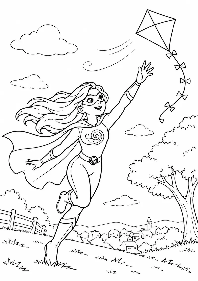 Heroína original do vento recuperando uma pipa para colorir