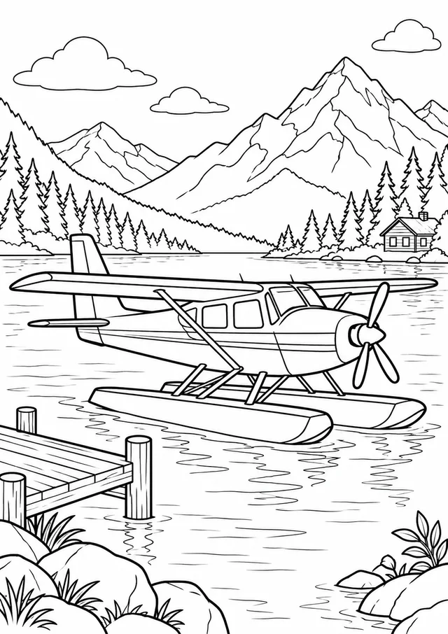 Hidroavião num lago entre montanhas para colorir