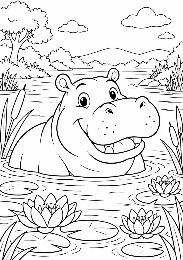 Hipopótamo no rio para colorir