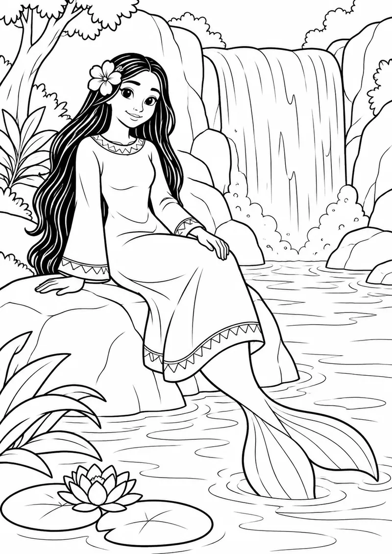Iara junto a uma cachoeira para colorir