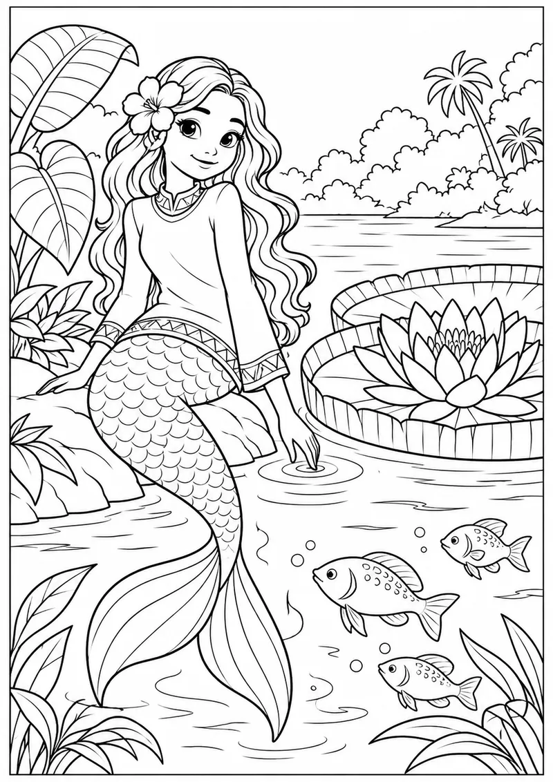Iara na vitória-régia para colorir