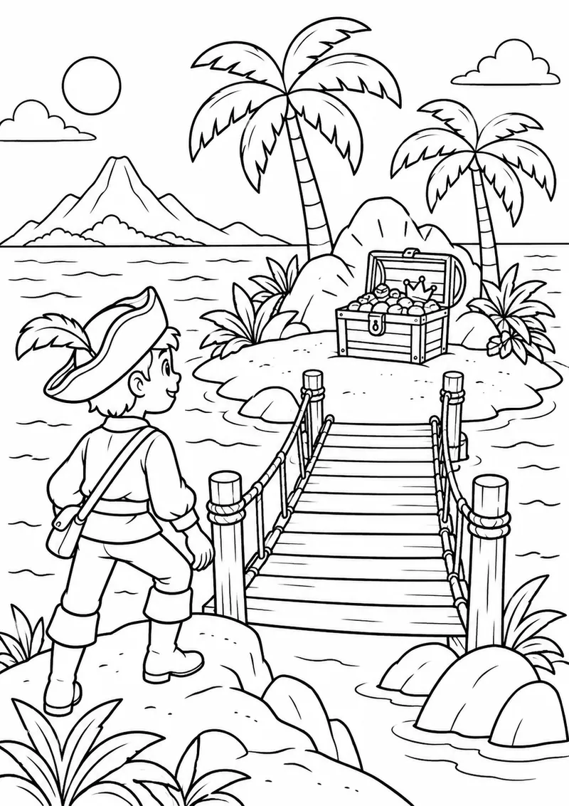 Ilha do tesouro com ponte e baú para colorir