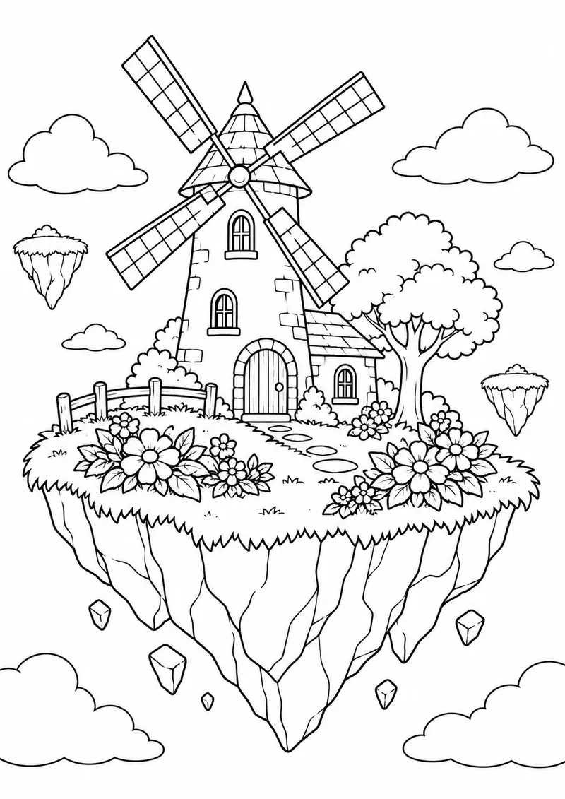 Ilha flutuante com moinho e flores para colorir