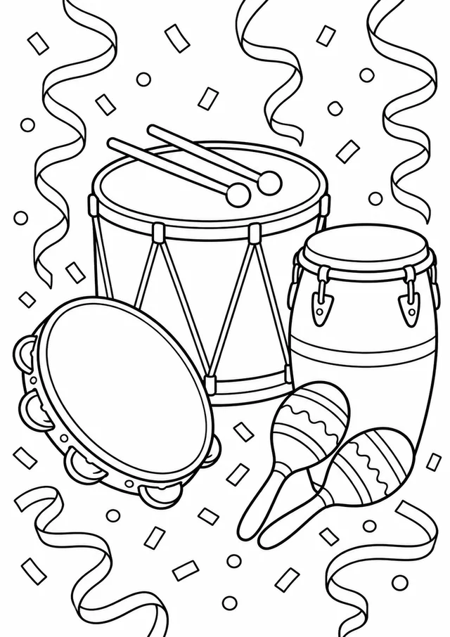 Instrumentos de percussão entre serpentinas para colorir