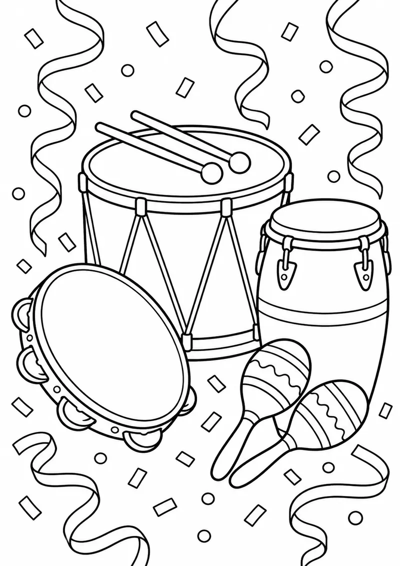 Instrumentos de percussão entre serpentinas para colorir