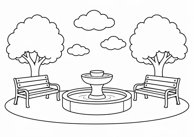 Jardim com fonte e dois bancos para colorir