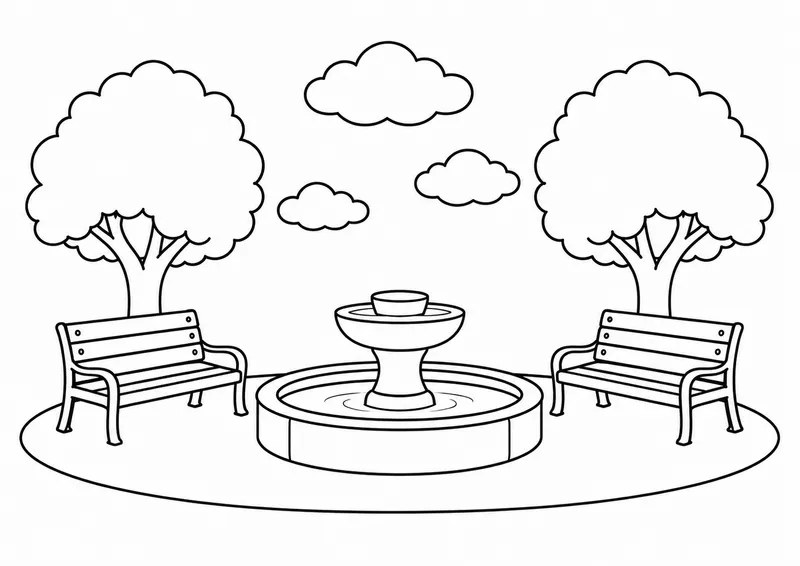 Jardim com fonte e dois bancos para colorir