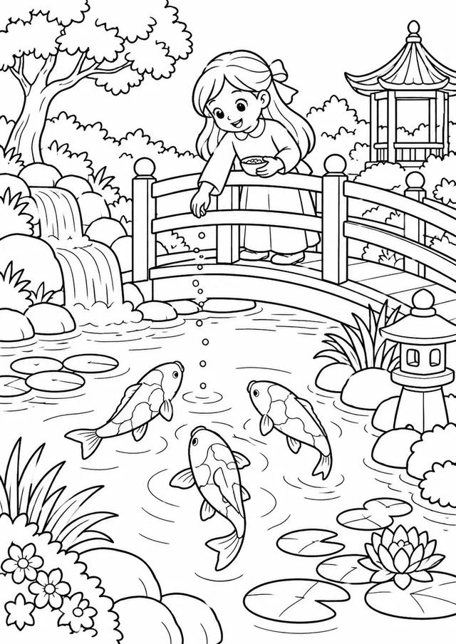 Jardim com ponte e lago de carpas para colorir