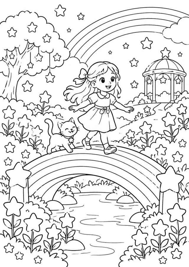 Jardim de estrelas com ponte de arco-íris para colorir
