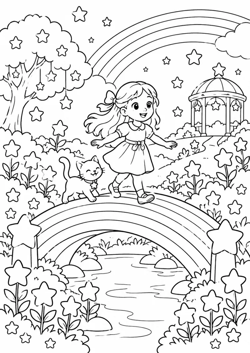 Jardim de estrelas com ponte de arco-íris para colorir