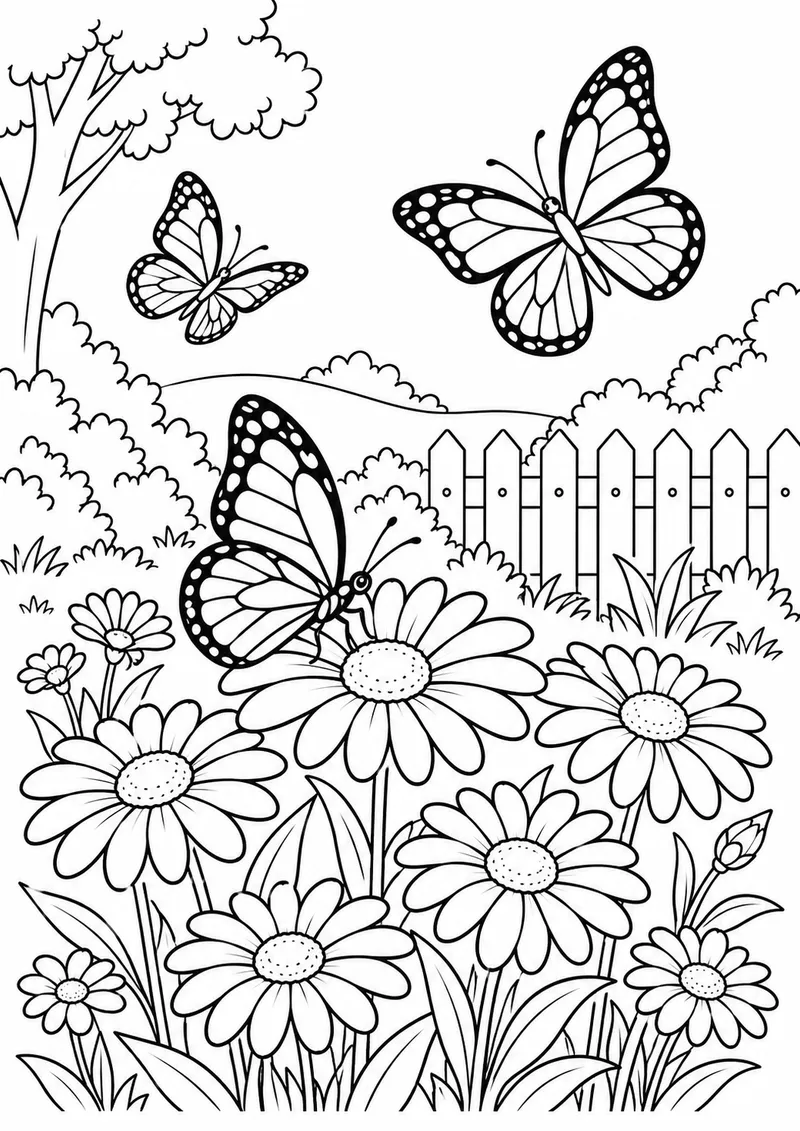 Jardim de primavera com borboletas e margaridas para colorir