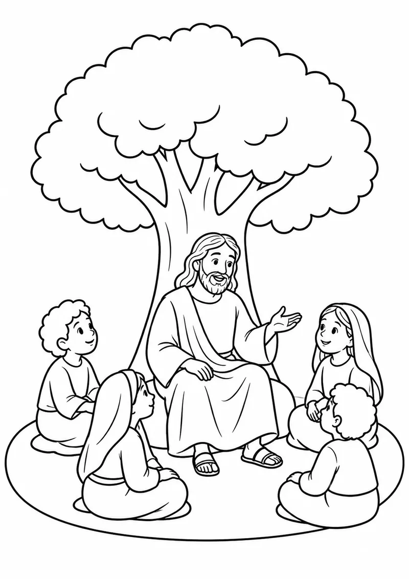 Jesus contando histórias sob uma árvore para colorir