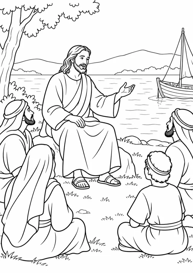 Jesus ensinando junto ao lago para colorir