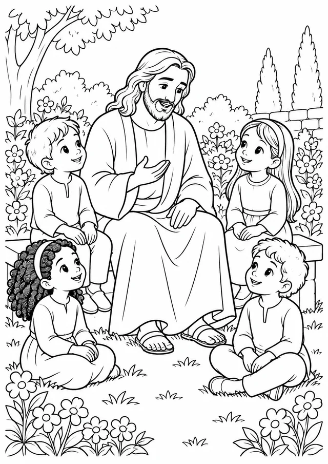 Jesus e as crianças no jardim para colorir