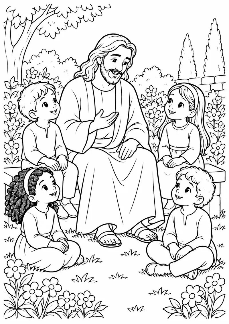 Jesus e as crianças no jardim para colorir