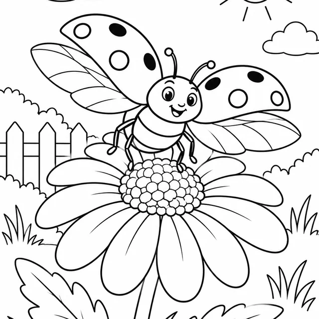 Joaninha com asas abertas junto à margarida para colorir