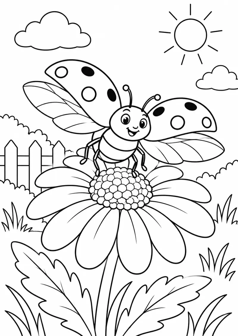 Joaninha com asas abertas junto à margarida para colorir