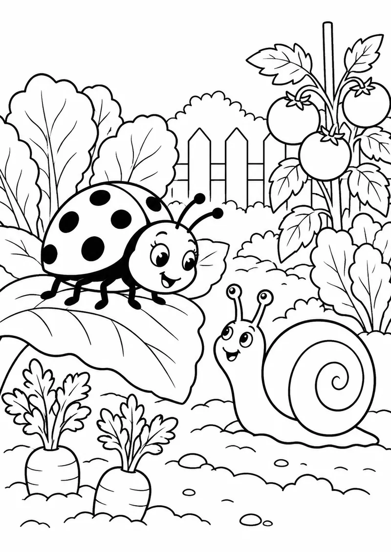 Joaninha e caracol na horta para colorir