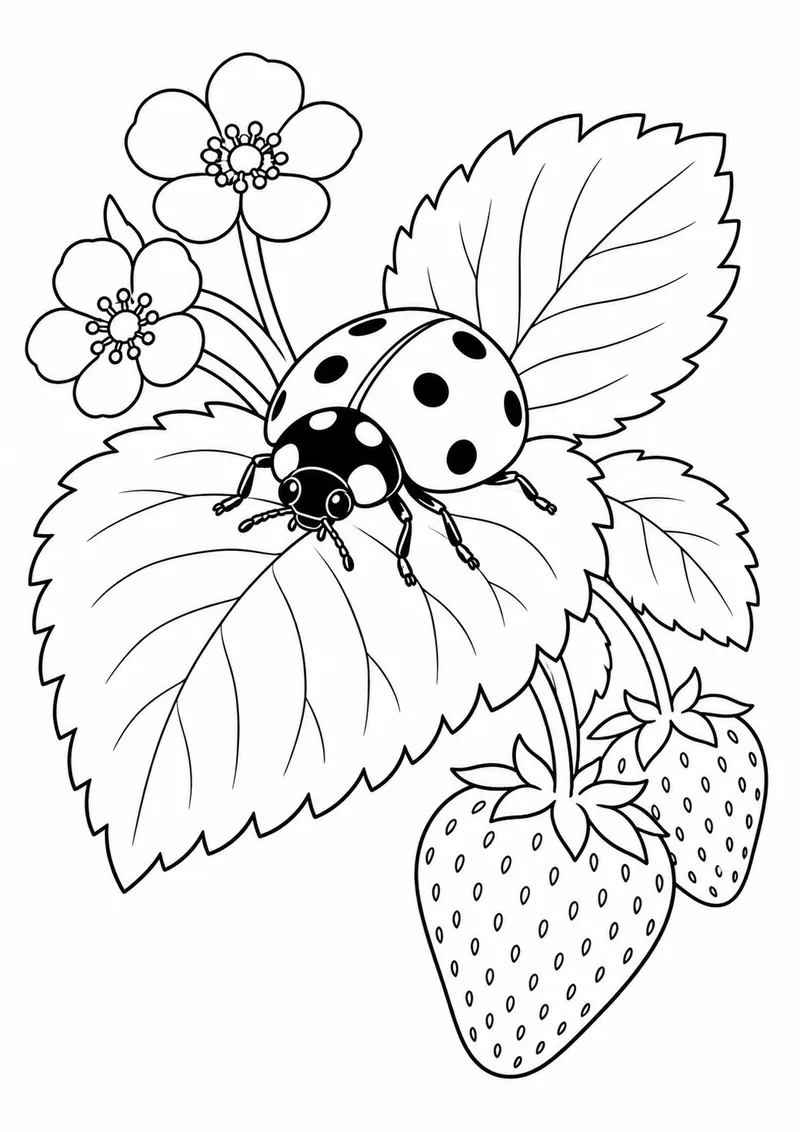 Joaninha sobre uma folha de morango para colorir