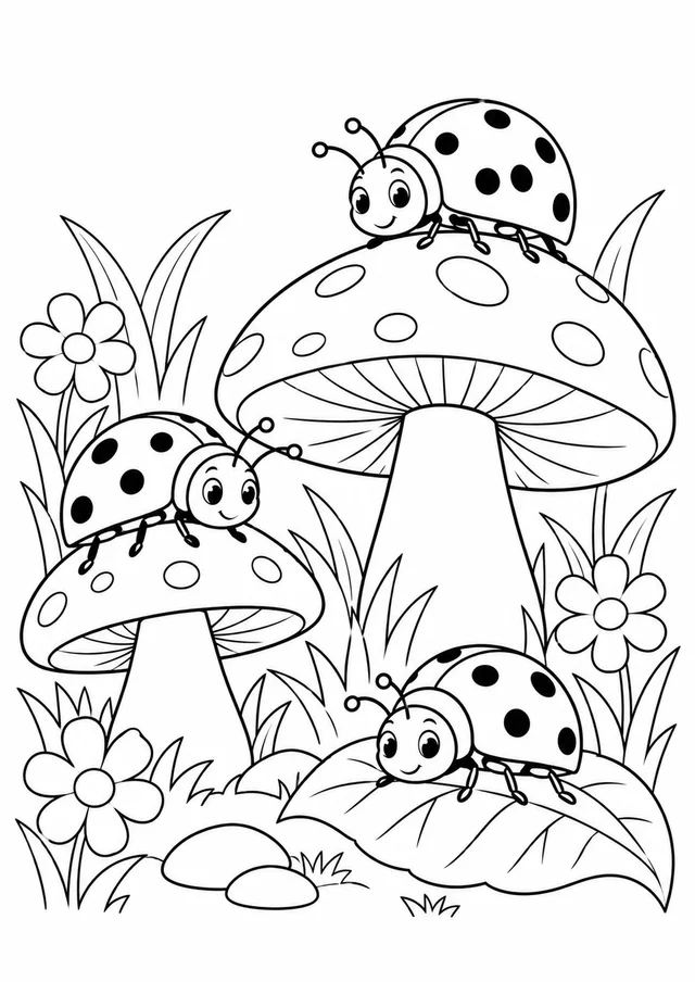 Joaninhas entre cogumelos para colorir