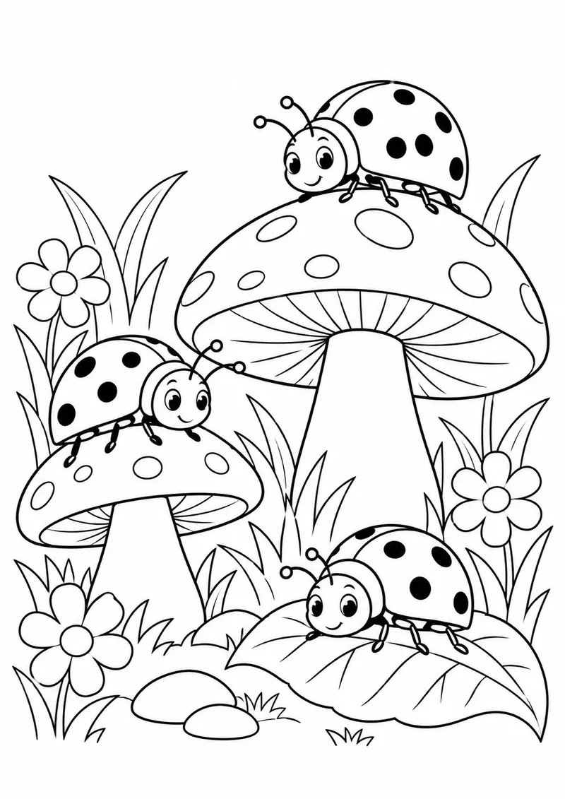 Joaninhas entre cogumelos para colorir