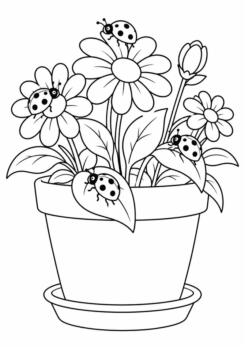 Joaninhas num vaso de flores para colorir